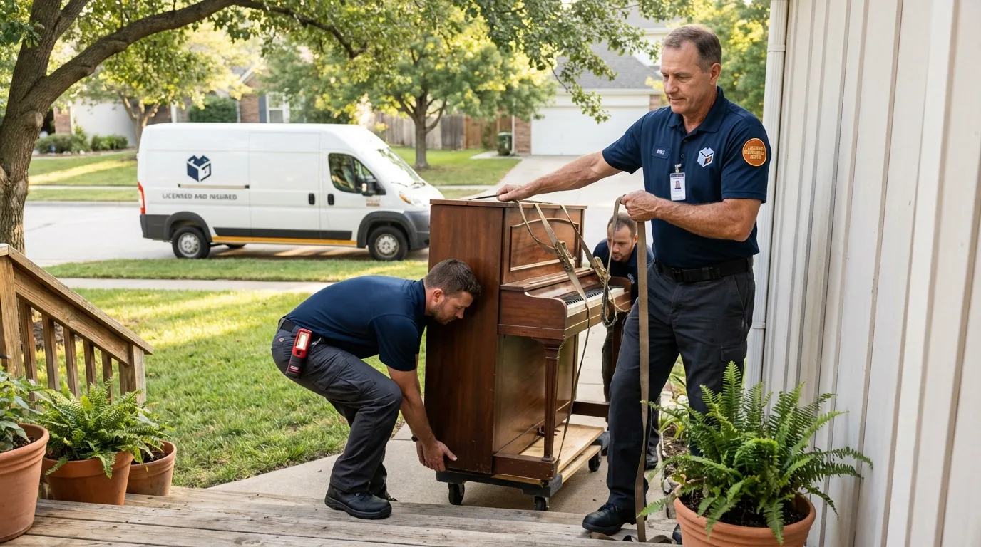 Licensed piano movers securing grand piano in Universal City, CA