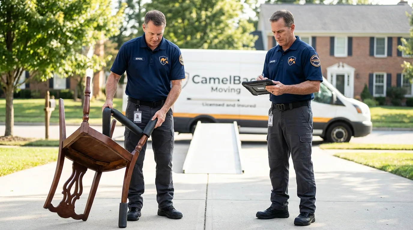 Movers inspecting furniture for damage prevention before loading in Universal City, CA